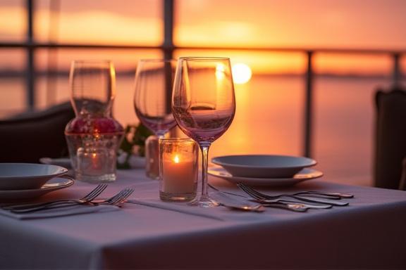 Ein elegant gedeckter Tisch auf dem Deck eines Schiffes bei Sonnenuntergang.