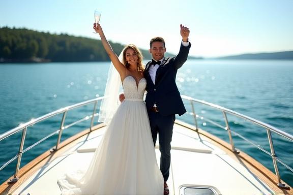 Ein Brautpaar feiert auf dem Vordeck einer privaten Yacht.